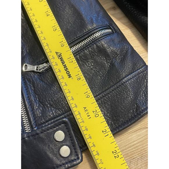 Massimo Dutti Leather Asymmetrical Zip Moto Biker Jacket Navy Women's Size M - Picture 5 of 12